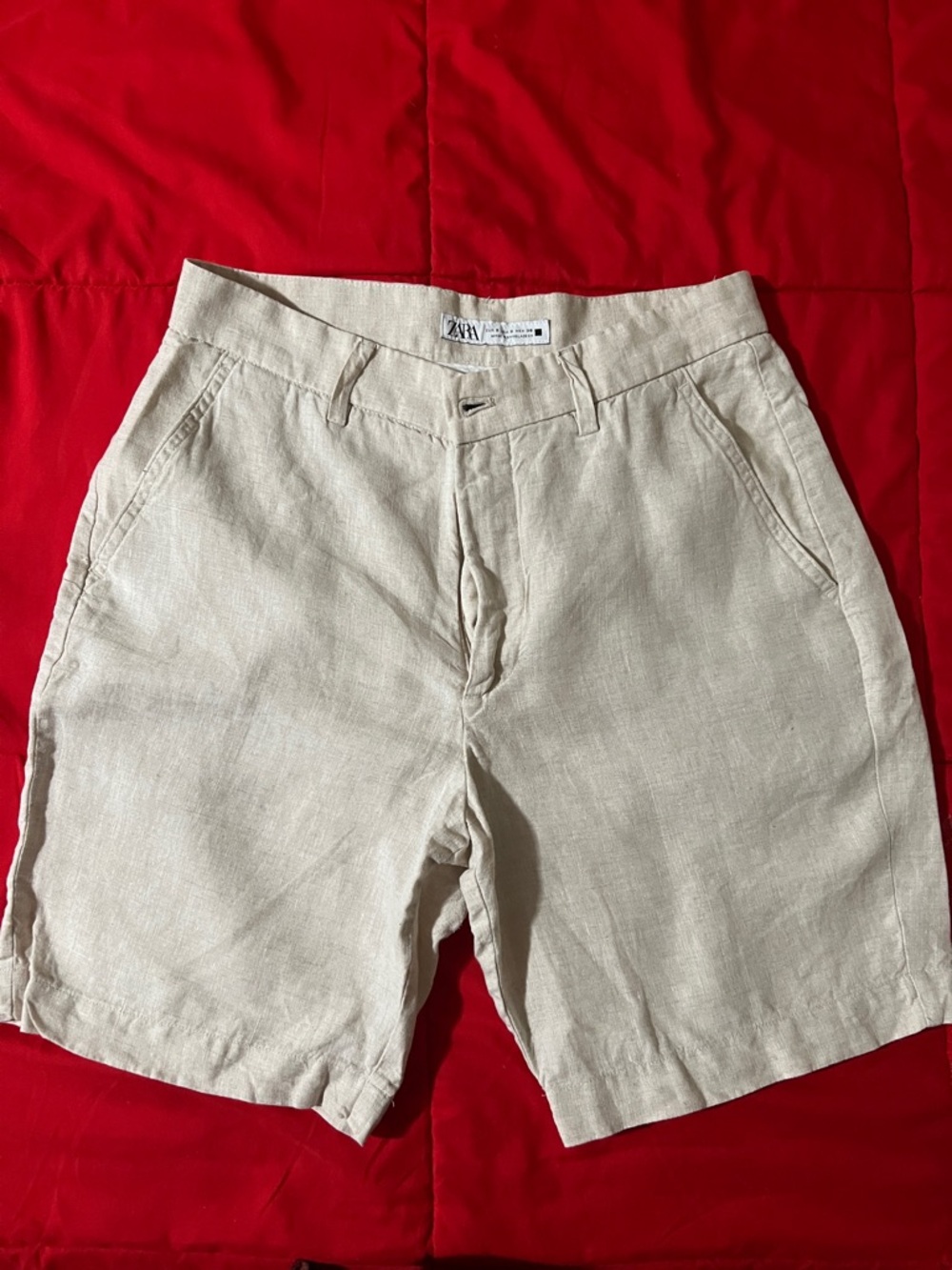 Zara Men's Light Beige Linen-Blend Flat Front Shorts